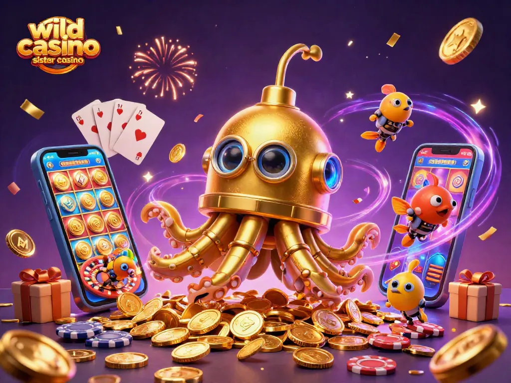 Experience the thrill at wild casino sister casino with a vibrant 3D kraken submarine and slot games.