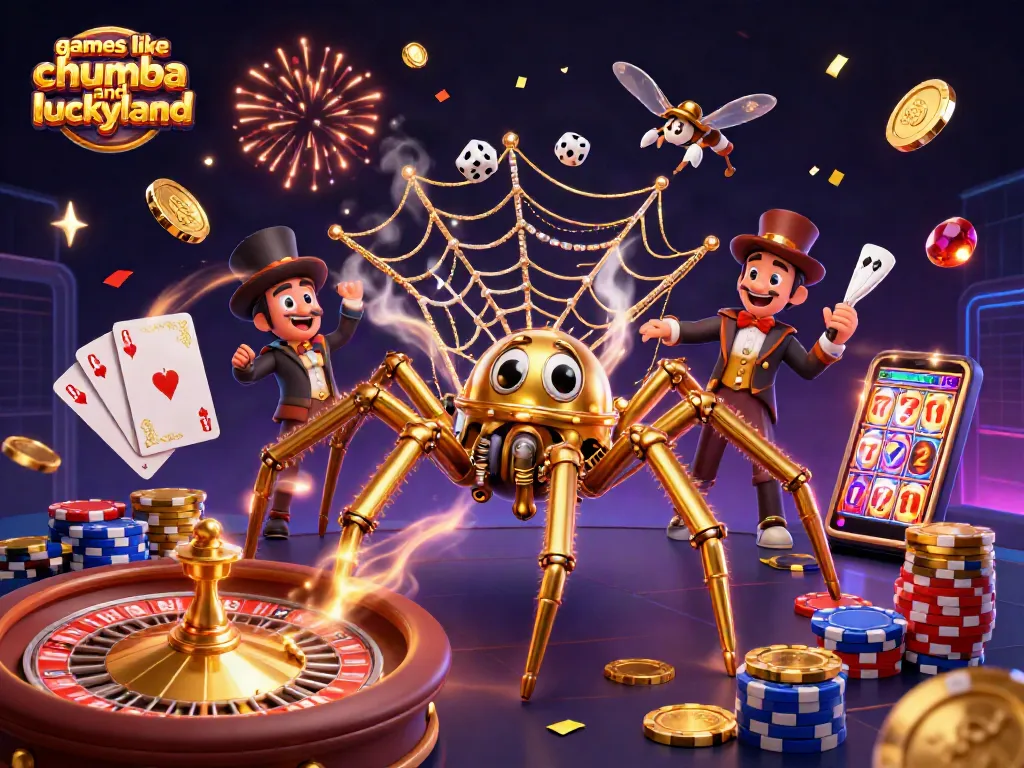 Win big with games like chumba and luckyland in this vibrant, action-packed casino illustration.
