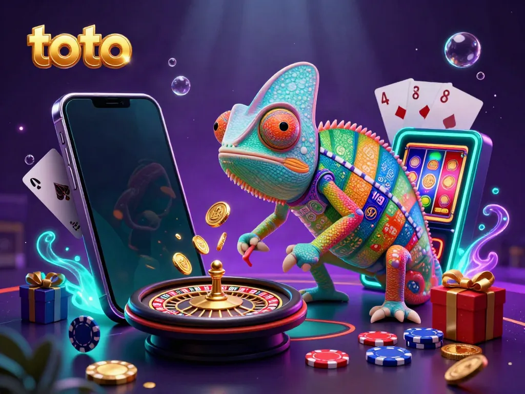 Engage in thrilling toto slot games with exciting visuals and a vibrant chameleon casino owner.