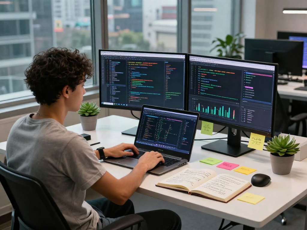 AI Detector workspace showcasing data analysis tools, modern tech environment with vibrant plants and city view.