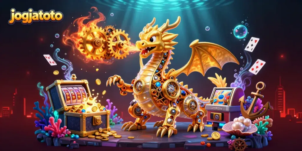 Engage with exciting gameplay at jogjatoto, featuring a golden dragon and rich casino elements.