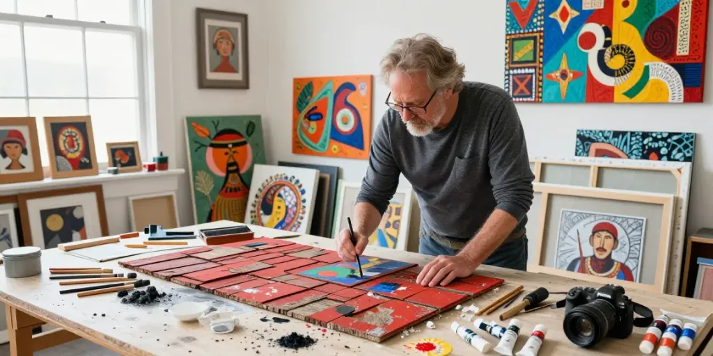 Bruce Bailey Toronto creating mixed media art on weathered cedar shingles in a bright studio