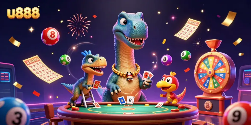 Join the excitement at u888, where dinosaurs deal cards in a vibrant casino setting!