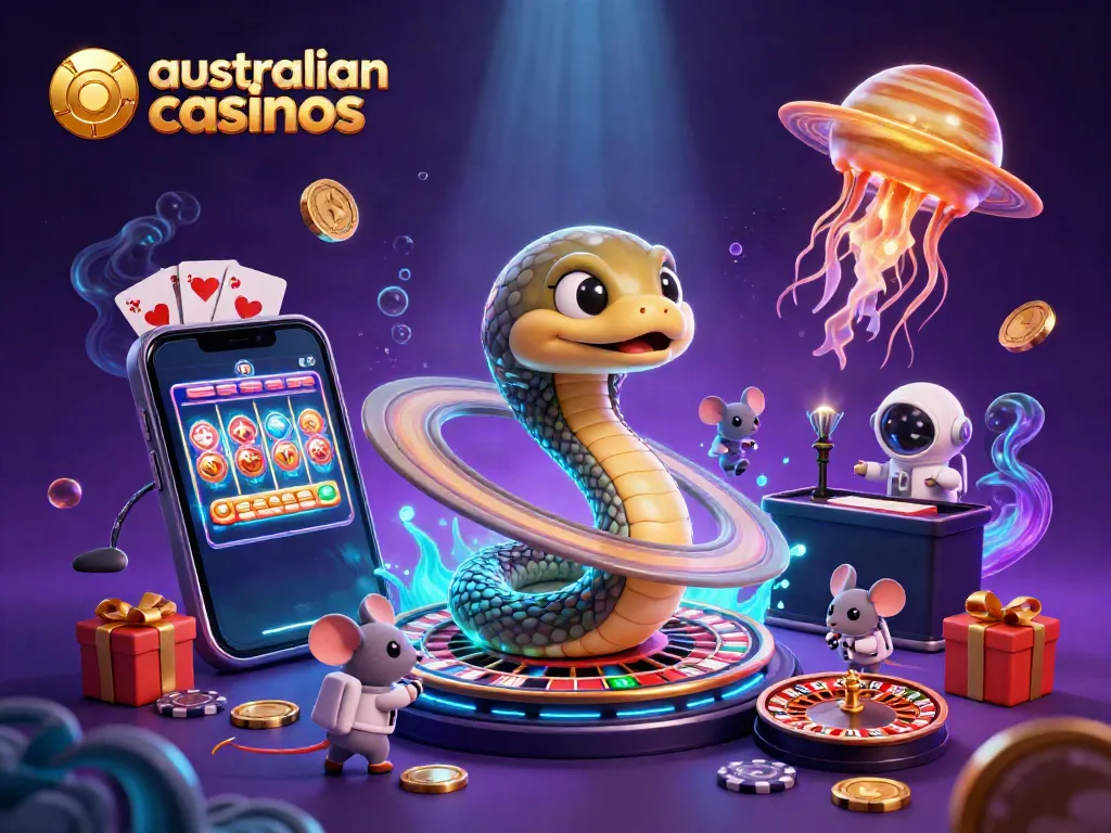Celebrate the world of australian casinos with astronaut mice gambling around a cosmic roulette wheel.