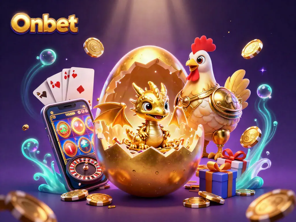 Experience Onbet's vibrant gaming world with a golden dragon and casino elements.
