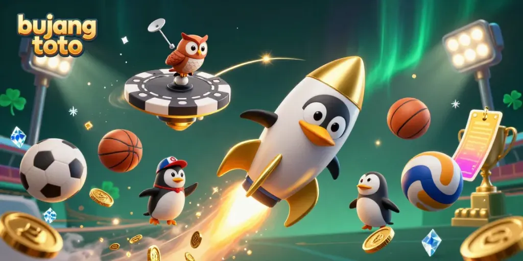 Experience the excitement of bujang toto with a dynamic 3D scene featuring sports elements and a playful penguin.
