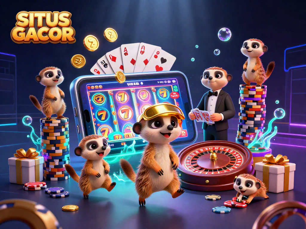 SITUS GACOR casino meerkats overseeing a vibrant slot game scene with spinning reels and playful elements.