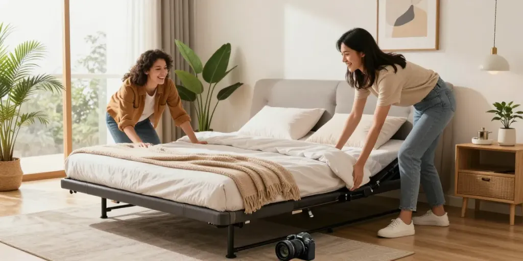Cozy portable bed setup in a modern living room with warm lighting.