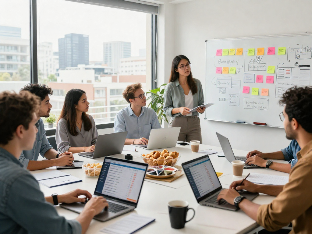 Purchase app installs in a modern marketing office with a collaborative team discussing strategies.