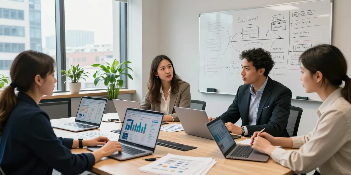 AI receptionist for small business assisting a team during a strategy session in a modern office setting.