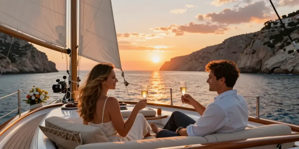 Carmen's Luxury Travel scene with a couple enjoying a sunset champagne toast on a luxury yacht cruise, vibrant Mediterranean backdrop.