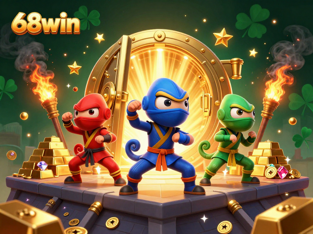 Engage with 68win's exciting gaming universe, featuring ninja chameleons in synchronized action amidst golden treasures.