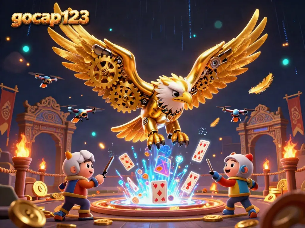 gocap123 merayakan kemenangan di kasino dengan gambar burung elang cybernetik dan kartu bermain holografik.