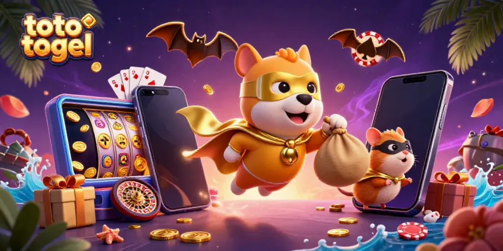 Join the thrilling action of toto togel with a superhero dog and hamster amid colorful gambling elements.