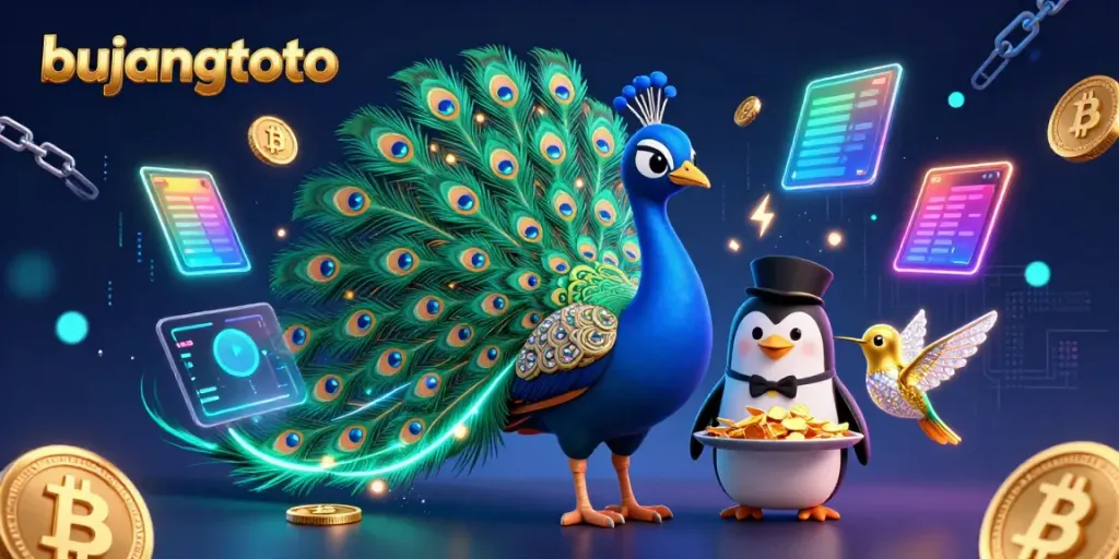 Experience the vibrant bujangtoto gaming scene with dynamic characters and crypto theme.