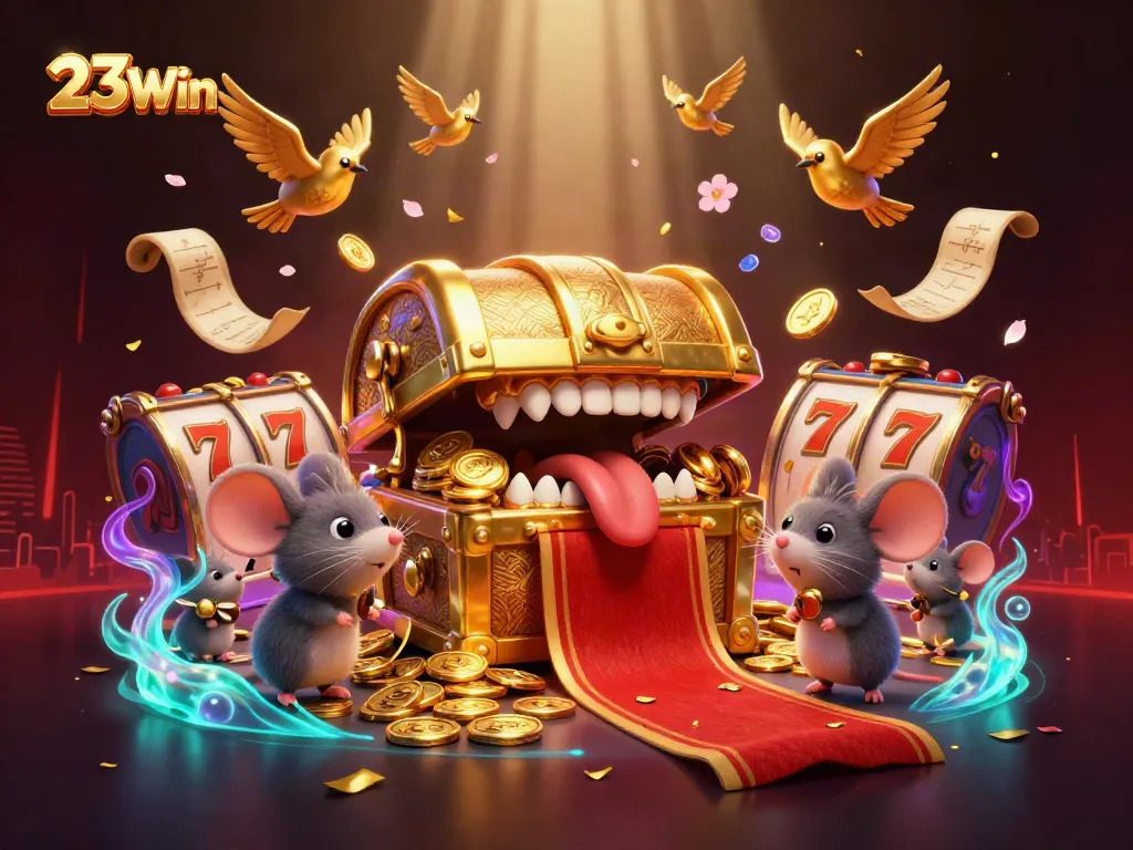 Spin the 23Win slot reels for exciting jackpots, showcasing vivid casino elements in a 3D illustration.