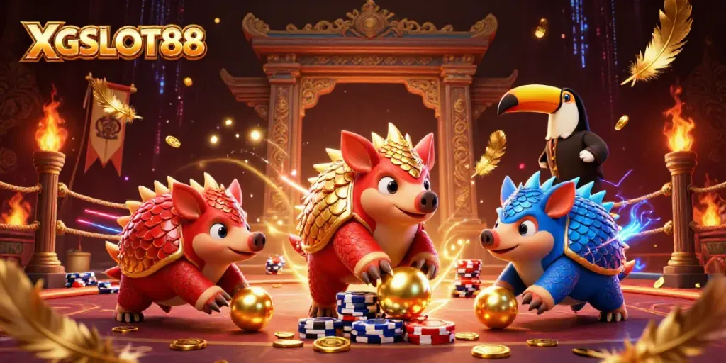 XGSLOT88 menghadirkan duel seru antara dua pangolins bersenjata, dikelilingi koin emas dan efek pesta.