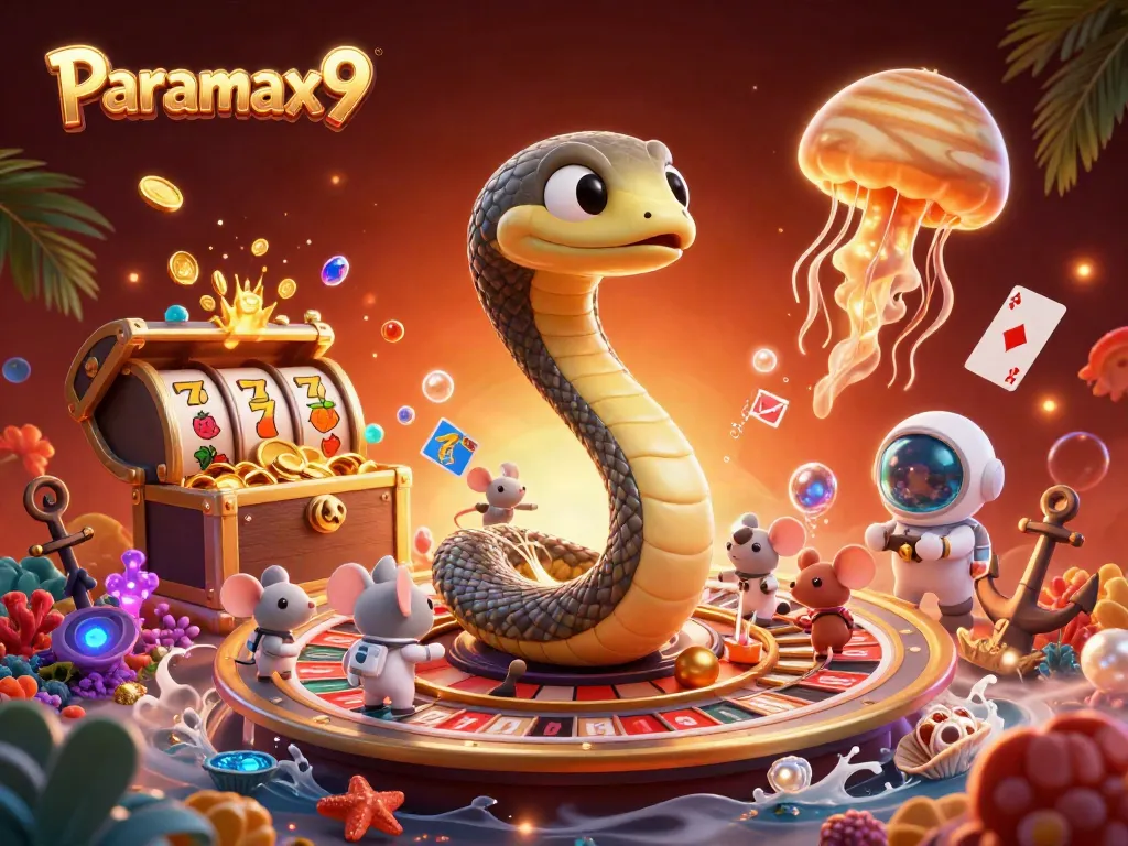 Play at Paramax9's casino with a vibrant cosmic scene featuring characters and game elements.